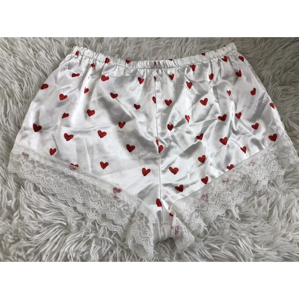 Women's Satin Heart Print Pajama Lace Trim Cami Top Size Medium White